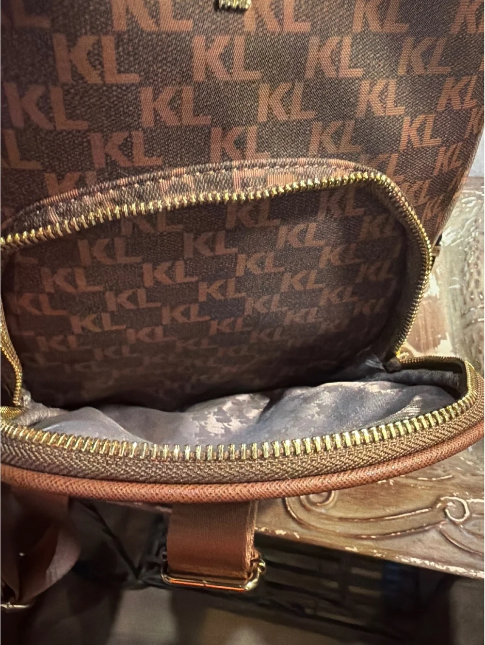 Karl Lagerfeld Brown Monogram KL Logo Backpack